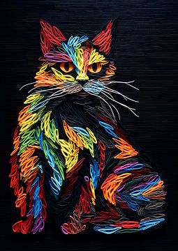 vrolijke kat gemaakt van kleurige wollen draadjes van Jan Bechtum