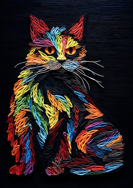 chat joyeux en fils de laine colorés par Jan Bechtum