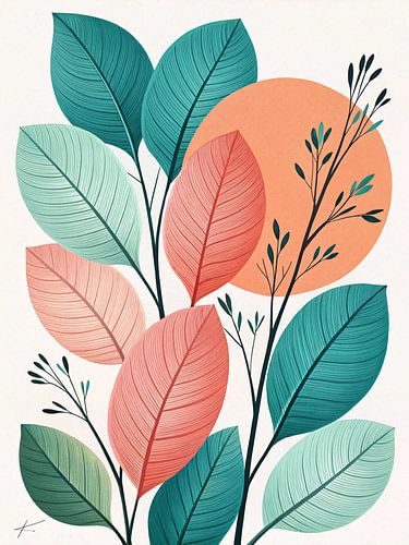 Botanische harmonie: Een levendige abstracte bladcompositie met serene zon en delicate takken