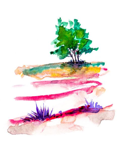Boom in het Heideveld | Aquarel schilderij van WatercolorWall