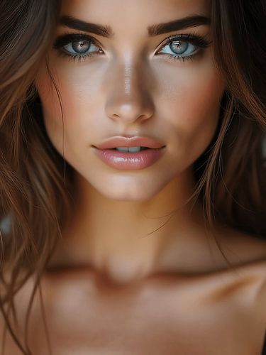 Close-up portret van een vrouw met blauwe ogen en bruin haar