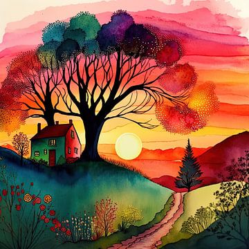 Watercolor Folk Art Sunset #1 by Chromatic Fusion Studio