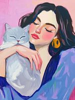 Gouache Frau mit Katze