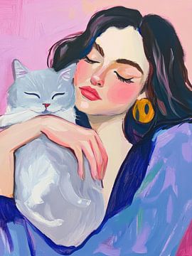Gouache Frau mit Katze