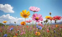 Een bloemenveld met een blauwe lucht op de achtergrond