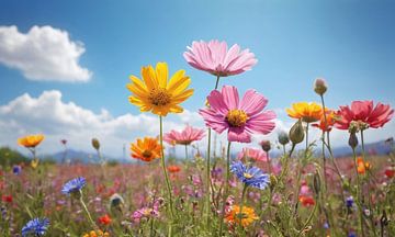 Een bloemenveld met een blauwe lucht op de achtergrond
