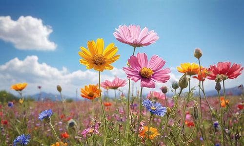 A field of flowers with a blue sky in the background