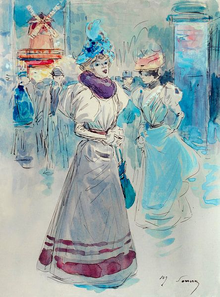 Elegant mit blauem Hut vor dem Moulin Rouge, Henry Somm von Meisterhafte Meister