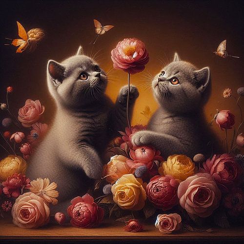 2 brits korthaar kittens spelen met bloemen