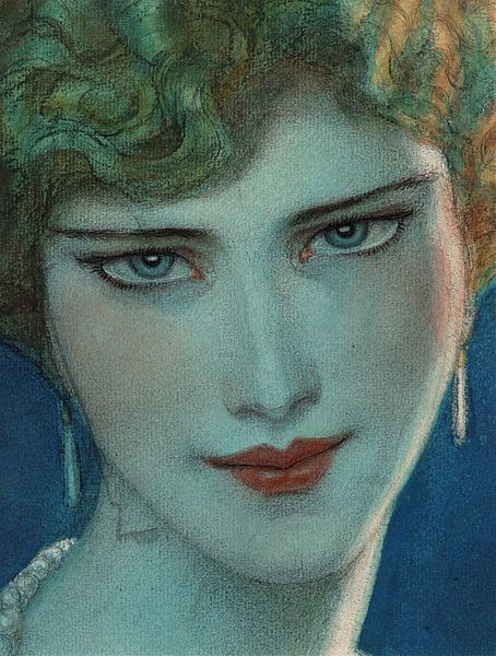 Face of blonde girl with earrings, Wladyslaw T. Benda by Masterful Masters