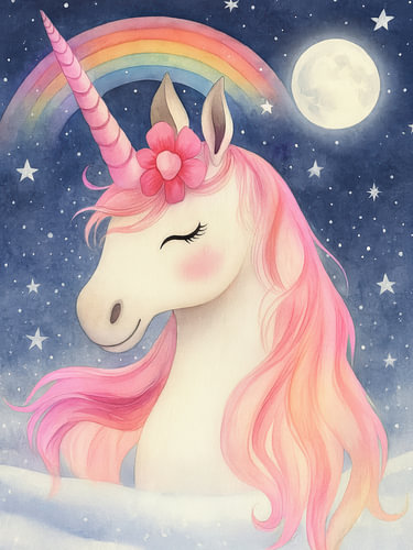 Licorne rose, arc-en-ciel, hiver, lune et étoiles