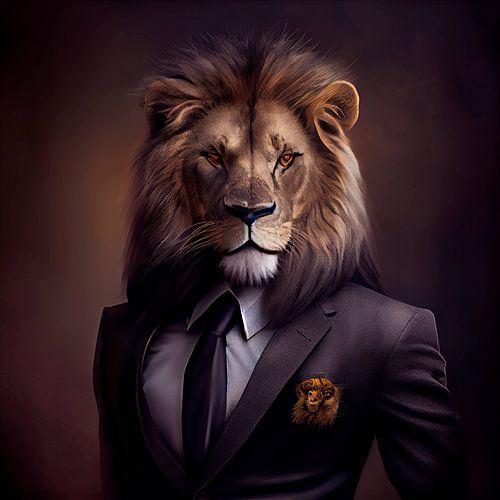 Stately portrait of a Lion in a fancy suit
