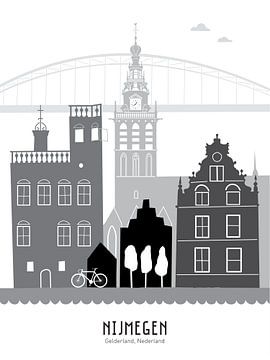 Skyline Illustration Stadt Nijmegen schwarz-weiß-grau von Mevrouw Emmer