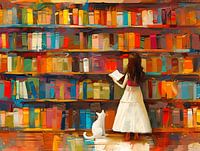White cat in the library - next to a girl