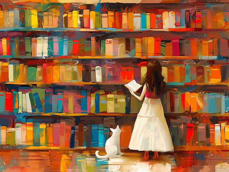White cat in the library - next to a girl by herculeng