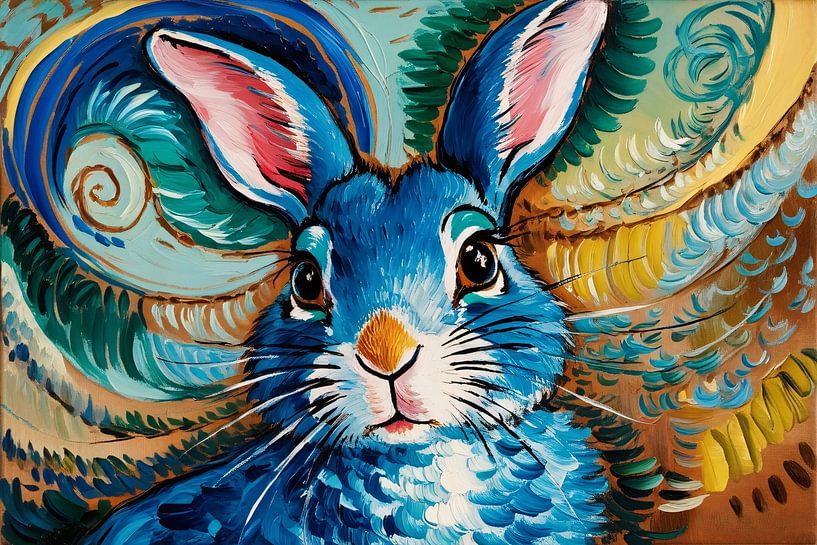 Blaues Kaninchen mit buntem Hintergrund von Art & Soul Creations