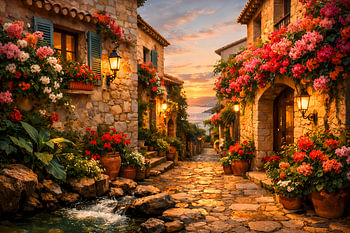 A picturesque alleyway in Provence – a idyllic Mediterranean village at sunset