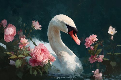 Portrait of a Swan among Pink Roses no. 3