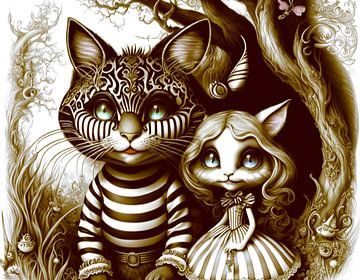 Alice in Wonderland en de Cheshire Cat in sepia van Afke Van Mansum