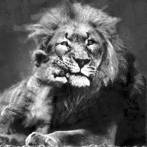 Oil painting portrait of a lion with cub by Bert Hooijer