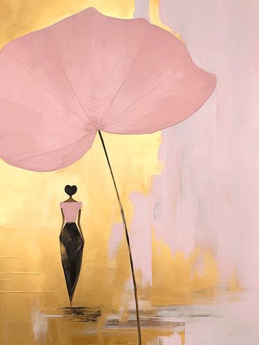 Japandi, vrouw en Lotus bloem in Roze en Goud