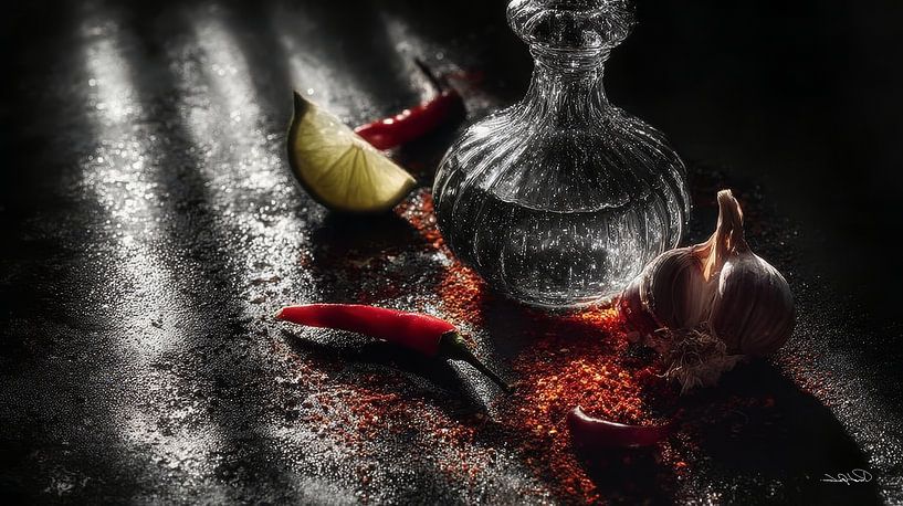 rote Paprika - Knoblauch - Limette - Zitrone auf schwarzem Hintergrund mit dramatischem Licht von Gelissen Artworks