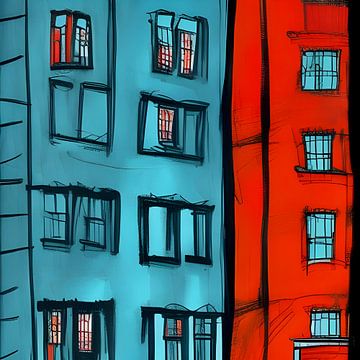 Flatgebouw rood blauw van Lily van Riemsdijk - Art Prints with Color