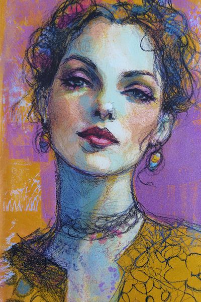 Portret van een vrouw in Italië | Vrouw met kleurrijke achtergrond van Abstract Schilderij