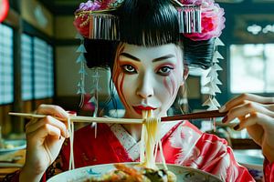 japanische Frau isst Spaghetti