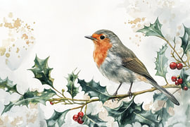Rotkehlchen im festlichen Glanz der Stechpalme