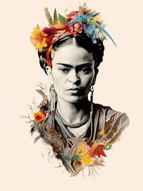 Frida - Porträt Frida in Schwarz-Weiß und Farbe von Wunderbare Kunst