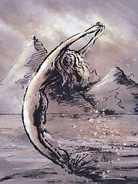 Semi abstract work woman in the surf near coastal mountains by Emiel de Lange