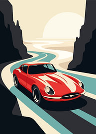 Red classic Jaguar sports car, winding canyon road, art deco style by Adam Khabibi