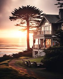 House by the sea in the sunset