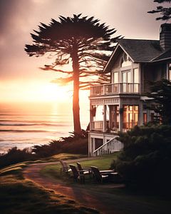 Haus am Meer im Sonnenuntergang