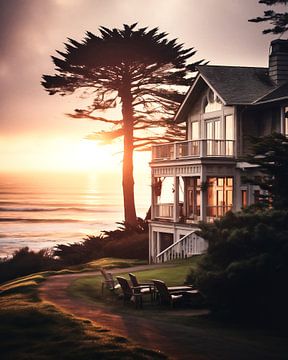 Huis aan zee in de zonsondergang van fernlichtsicht