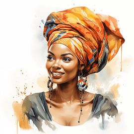 Portrait d'une femme africaine souriante à l'aquarelle avec un foulard coloré sur fond blanc