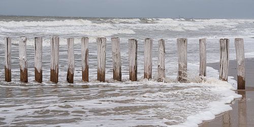 Rust: Golven spoelen aan op het strand van Cadzand bij golfbrekers (panoramabeeld)