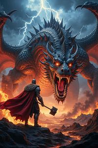 Dark Fantasy Wandbild: THORVAK – Der Wikinger bekämpft einen riesigen Drachen