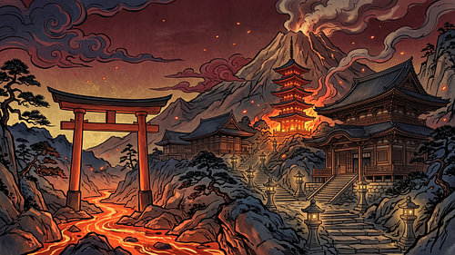 Sacred Volcanic Shrine Beneath Glowing Ember Skies of Ancient Japan