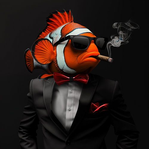 Poisson-clown avec cigare et lunettes de soleil