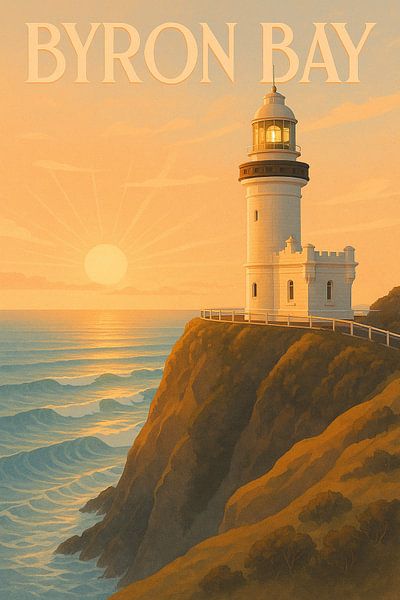 Byron Bay Dawn - Leuchtturm Sonnenaufgang Retro-Poster von Travel Shop