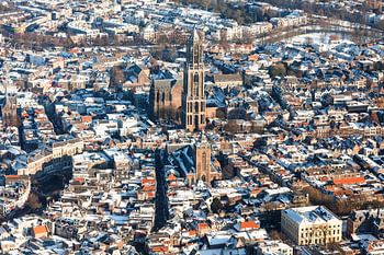 Utrecht from above: the Dom Tower, canals and historic city centre in the snow