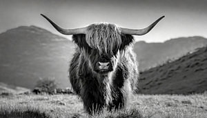 Portrait eines Schottischen Hochlandrindes in Schwarzweiß