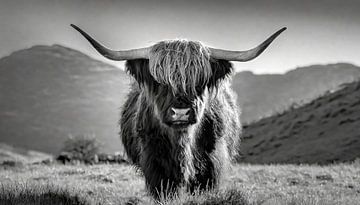 Portrait eines Schottischen Hochlandrindes in Schwarzweiß von Animaflora PicsStock
