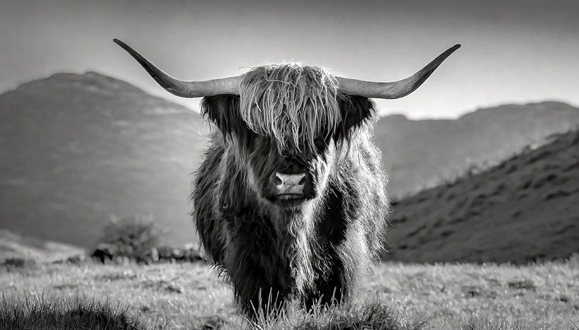 Portrait d'un bovin des Highlands écossais en noir et blanc par Animaflora PicsStock
