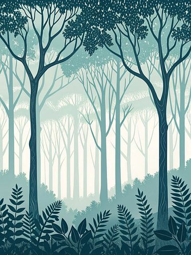 Serene Teal Forest: A Peaceful Digital Painting of a Lush Woodland