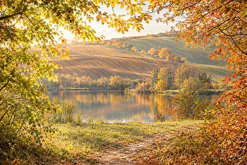 Sonnige Herbstlandschaft mit sanften Hügeln und Blick auf den See
