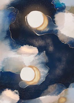 Soleil et lune dorés abstraits bleus sur W. Vos
