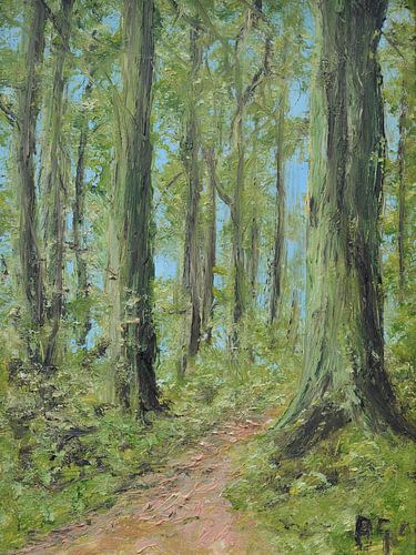 Ein beruhigendes Gemälde eines Waldweges mit sanftem Licht und frischen Farben